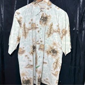 3/$20  Casual Cream and Brown Button Down Shirt with Vintage Floral Design